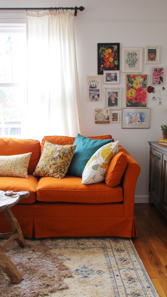 playful orange velvet sofa