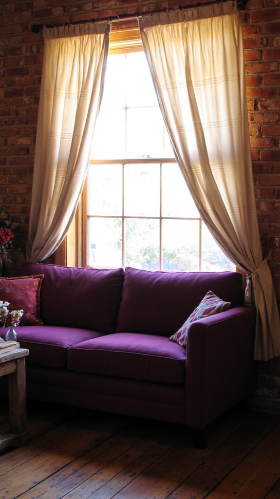 plum sofa cream curtains