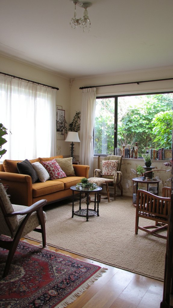 rug enhanced floating sofa arrangement