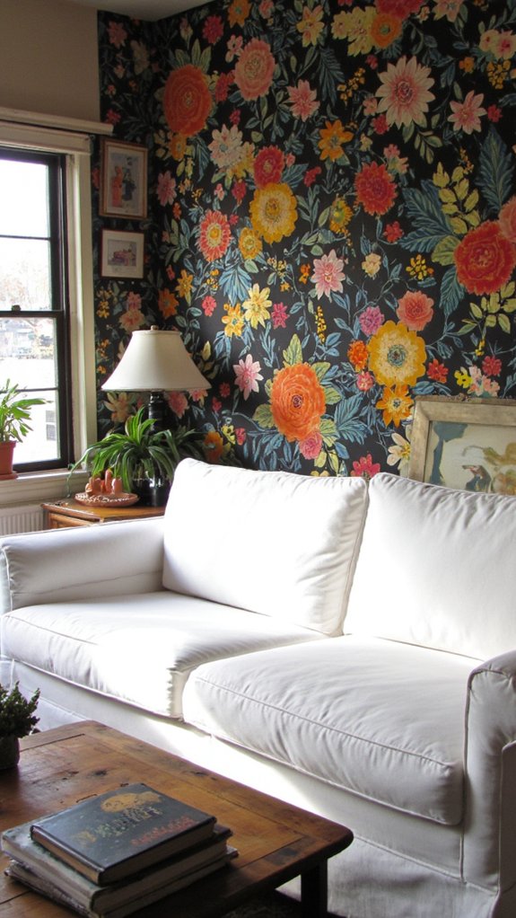 sleek sofa bold wallpaper