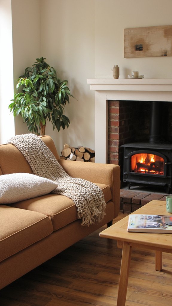 sleek sofa with cozy textures