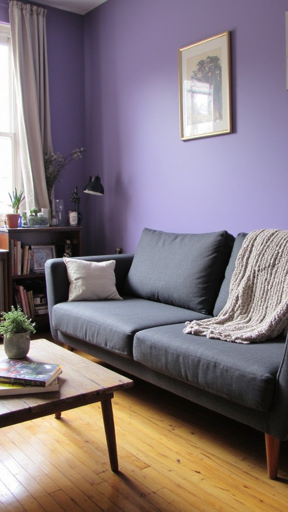 sofa and lilac walls