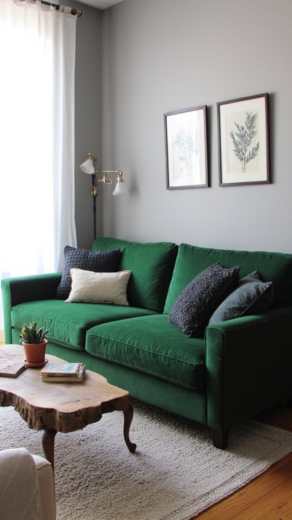 striking green velvet sofa