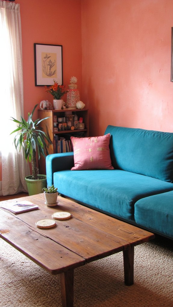 teal sofa coral walls