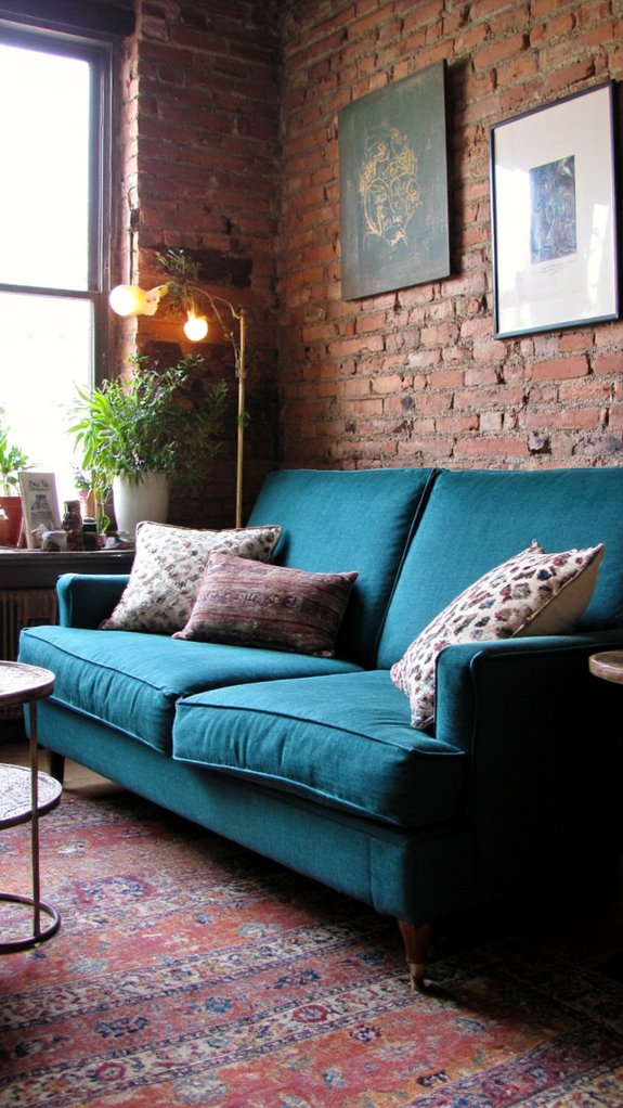 teal sofa with vintage decor