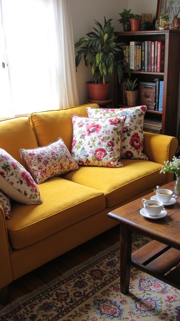 vibrant floral mustard sofa