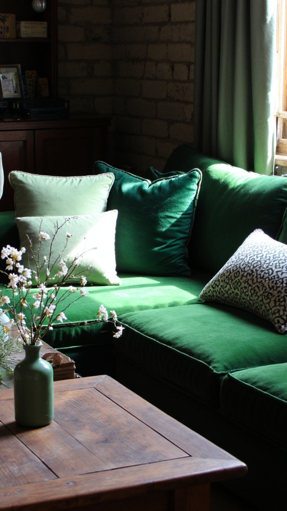 vibrant green velvet cushions