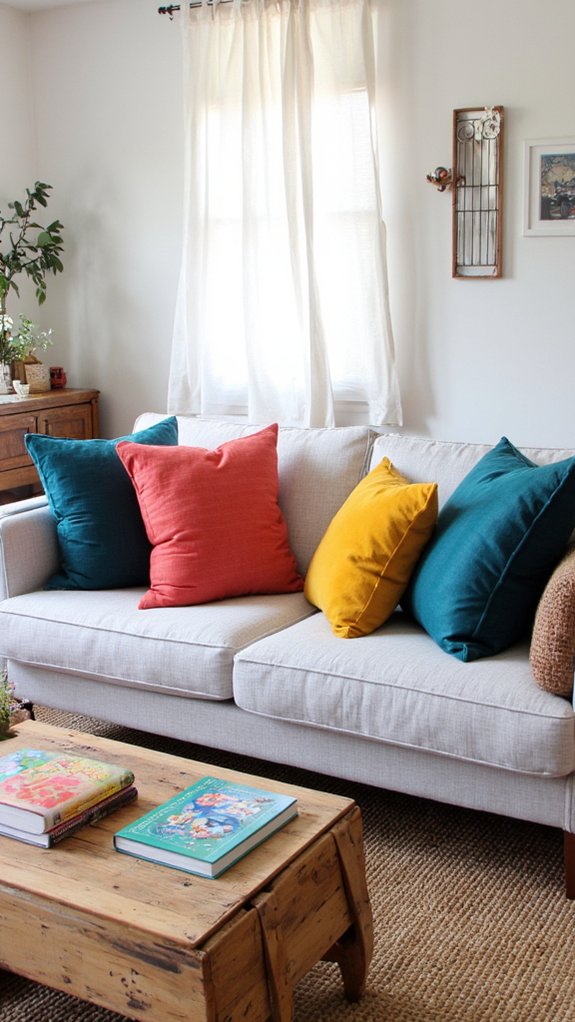 vibrant pillows enhance decor