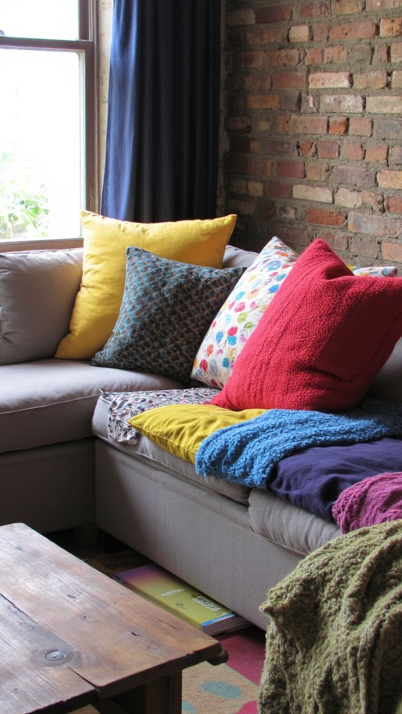 vibrant pillows enhance grey