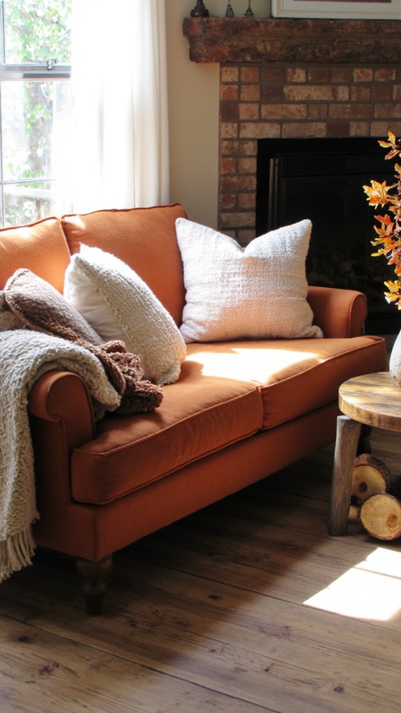 warm neutrals enhance rust sofa