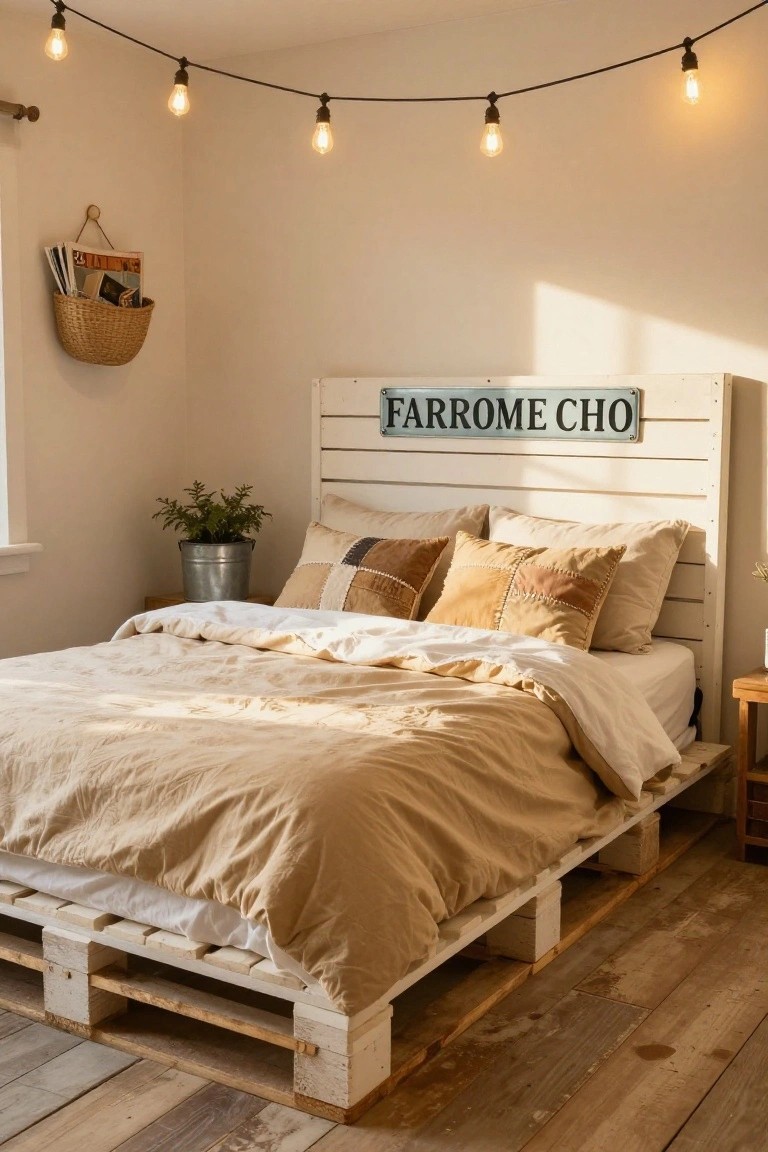 A bedroom with a white wooden pallet bed frame supporting a mattress covered in beige linens and pillows, string lights overhead, a metal plant pot nearby, woven baskets on the wall, and a blue sign reading "FAR FROM HOME CHO" on the headboard against white shiplap.