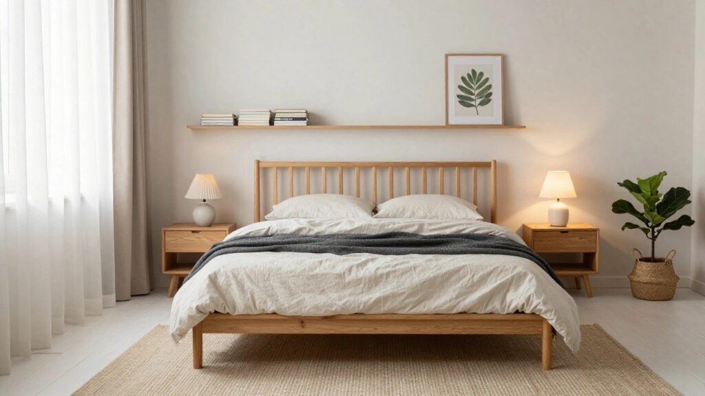 Cozy bedroom with low oak platform bed dressed in white sheets and gray throw, wooden nightstands with lamps and books, floating shelves, framed leaf art, sheer curtains on window, and potted plant in woven basket on light wood floor.