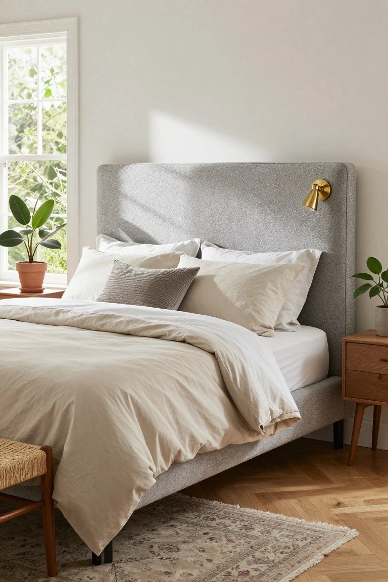 Minimalist bedroom with gray upholstered bed, beige linens, and wooden furniture.