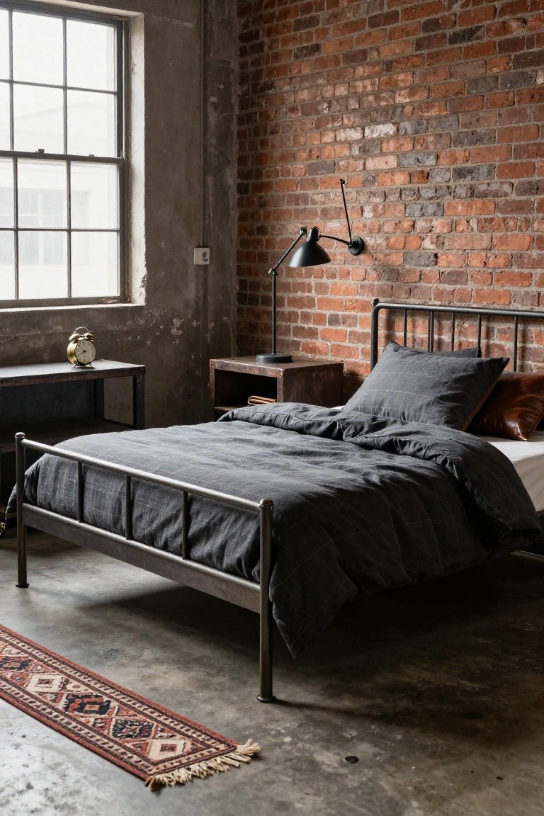 Industrial-style bedroom with black metal bed frame, gray checkered duvet and pillows, exposed brick wall, wall-mounted lamp, side tables, brass alarm clock, and patterned runner rug on concrete floor.