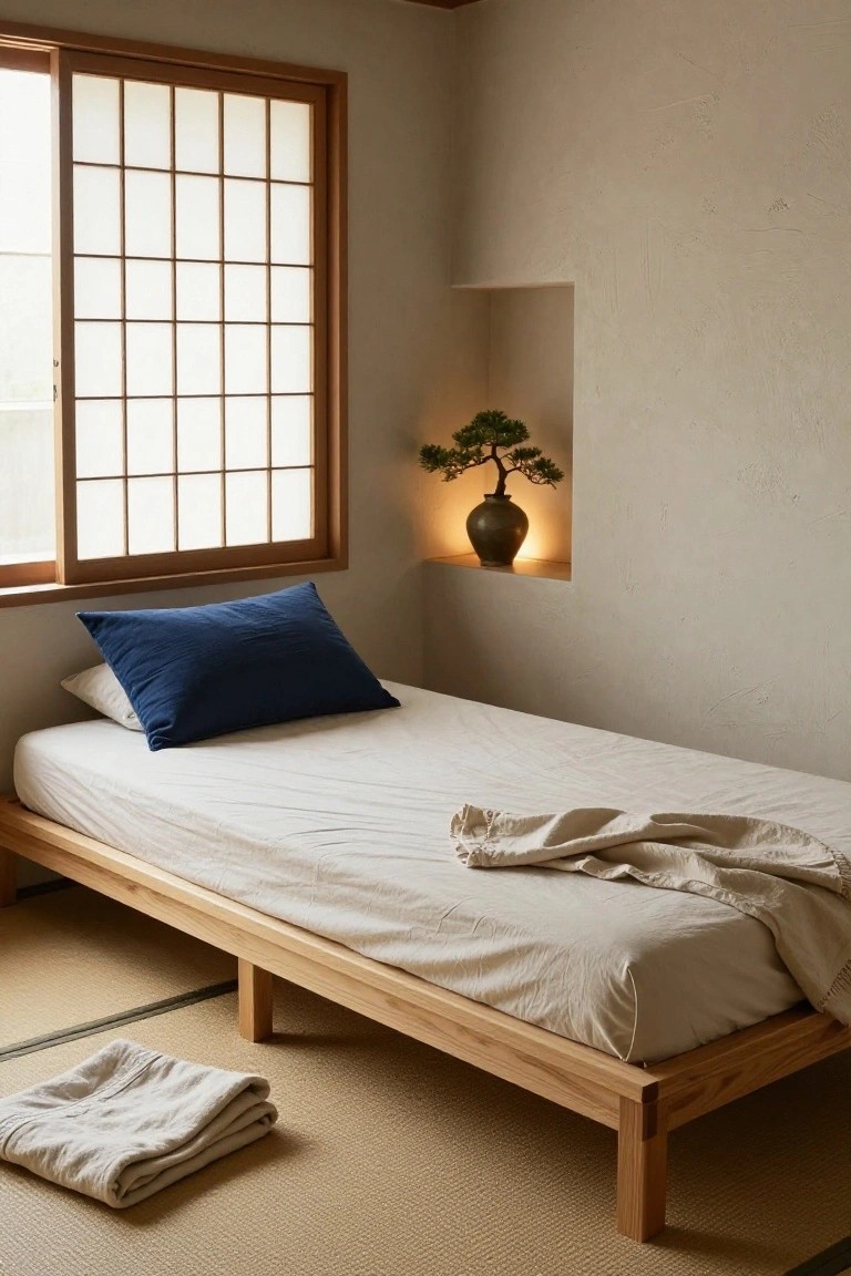 Japanese-style minimalist bedroom interior with low wooden platform bed on tatami mats, white sheets and navy pillow, shoji screen window, and bonsai tree in wall niche.