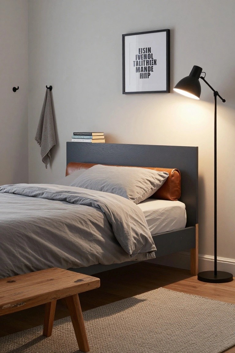 Modern bedroom with gray bed, wooden bench, black floor lamp, and framed wall art.