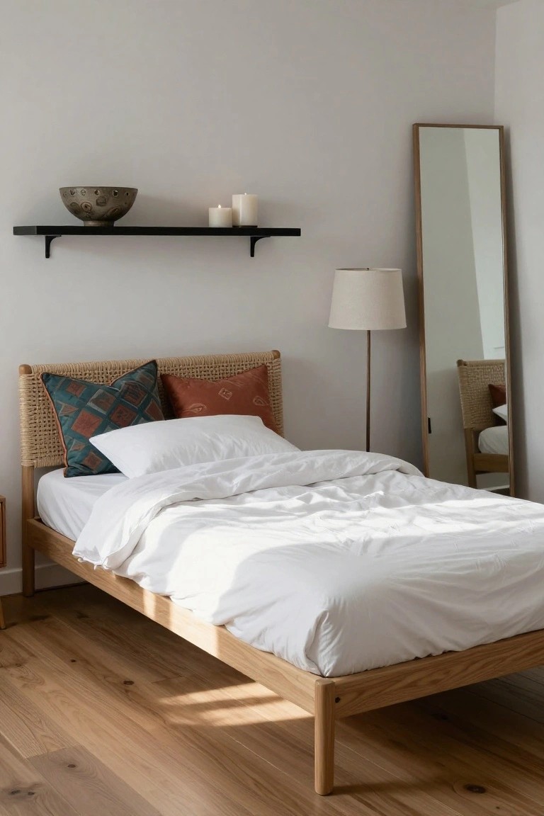 Bedroom with low oak wood bed frame and rattan headboard, white bedding, teal and orange pillows, black wall shelf with ceramic bowl and white candles, tall fabric floor lamp, and tall wooden mirror on light wood floor.