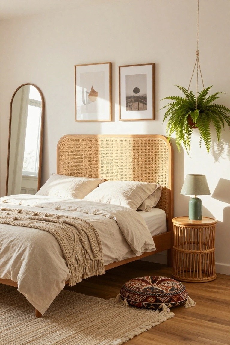 Bedroom interior with a bed featuring a curved rattan-woven headboard, neutral linen bedding and throw, rattan side table with green lamp, arched floor mirror, framed art, hanging fern plant, and light wood floors.