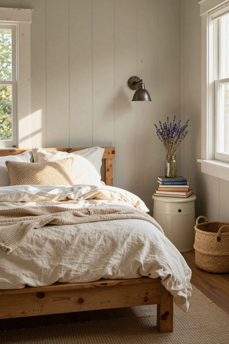 Corner of a light gray paneled bedroom with a wooden platform bed draped in white linens and a beige throw, beside a white drum nightstand holding stacked books, a glass jar of lavender stems, and a wicker basket, with windows letting in sunlight.