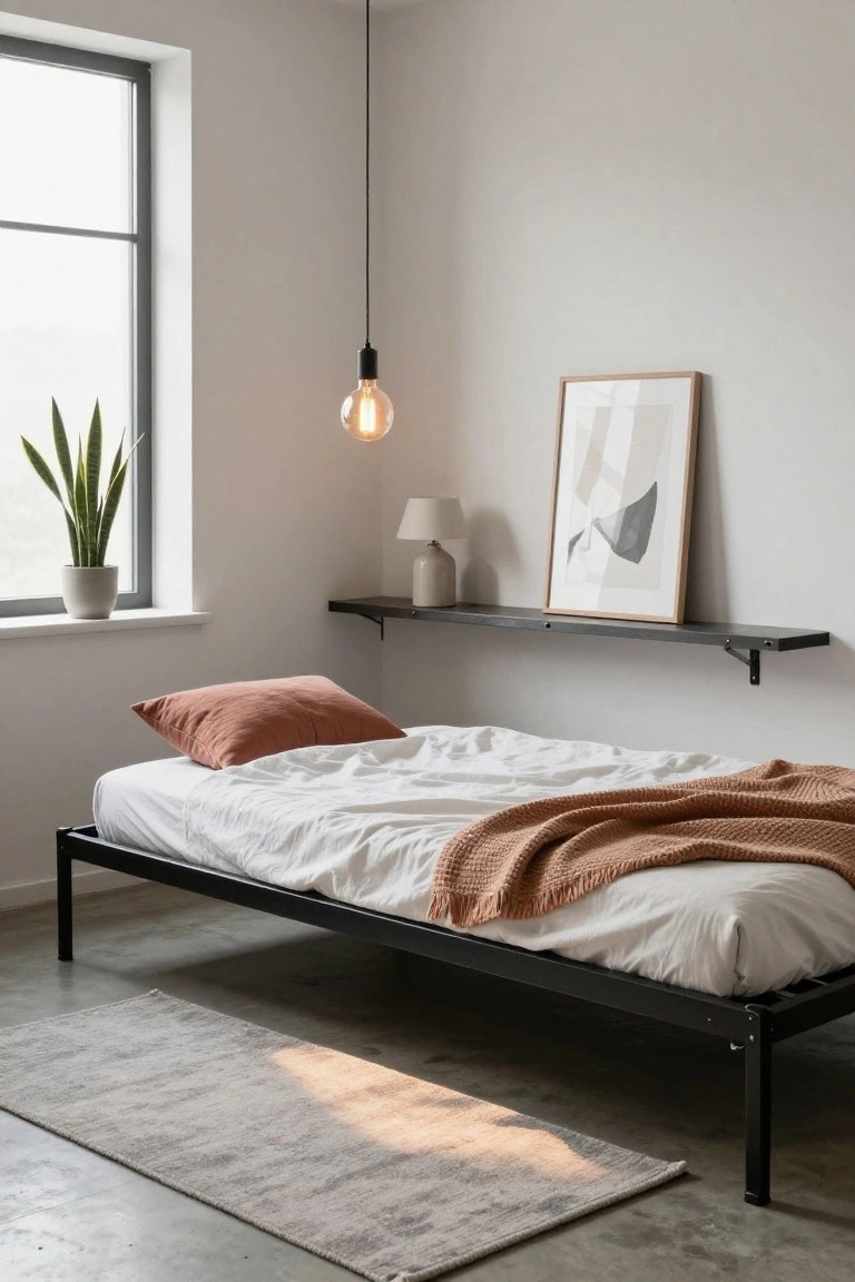 A minimalist bedroom with a low black metal bed frame holding white sheets and a terracotta knit throw, beside a window with a potted snake plant, under a hanging bulb light.