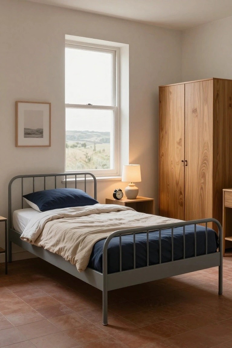 A simply furnished bedroom with a gray metal bed frame holding navy bedding and white sheets, beside a wooden wardrobe, small nightstand with lamp and clock, and a window overlooking fields.