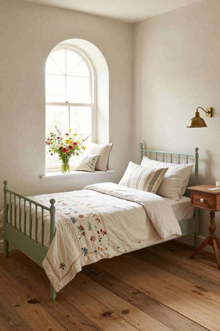 Cozy bedroom corner featuring a mint green metal bed frame with white floral quilt and pillows, arched window with wildflower vase, brass wall sconce, and wooden nightstand on oak floors.