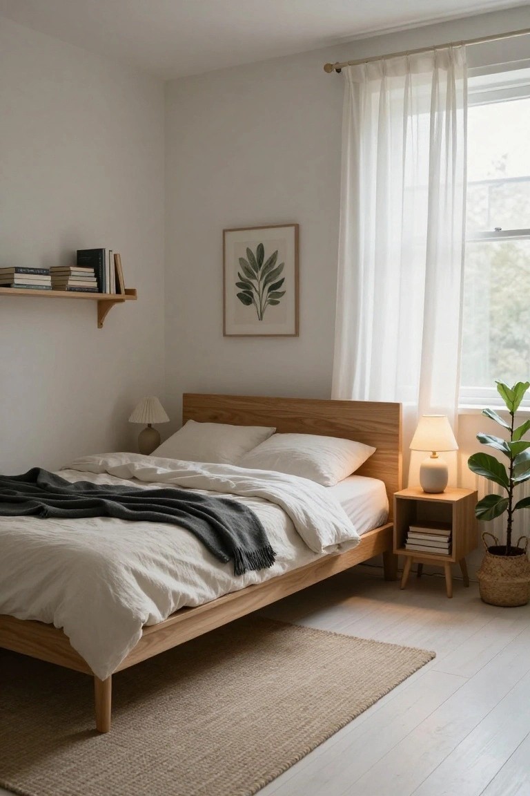 Cozy bedroom with low oak platform bed dressed in white sheets and gray throw, wooden nightstands with lamps and books, floating shelves, framed leaf art, sheer curtains on window, and potted plant in woven basket on light wood floor.