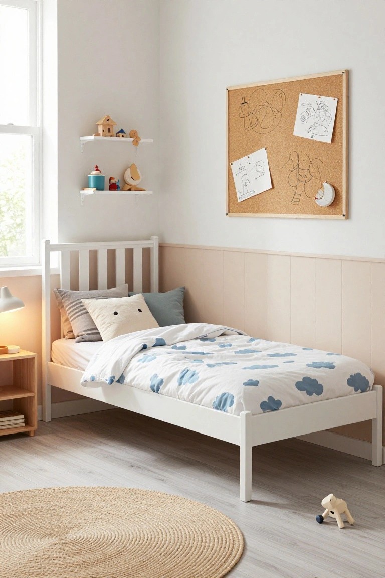 A child's bedroom with a white wooden single bed frame, blue cloud-patterned duvet, stacked pillows, wooden toys, shelves with small figurines, and a corkboard on the wall.