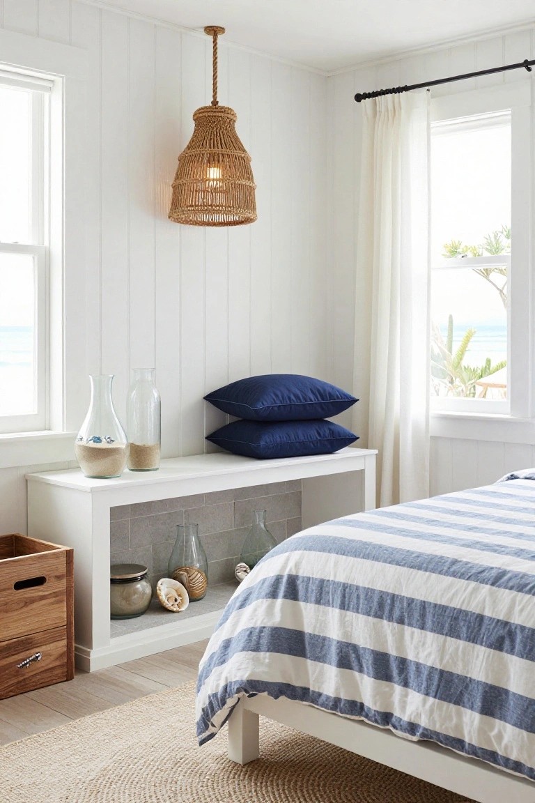 Coastal bedroom corner with low white wooden platform bed frame draped in striped bedding, white shelves holding glass jars with sand and shells, navy pillows stacked above, rattan pendant light overhead, and ocean view through sheer-curtained windows.