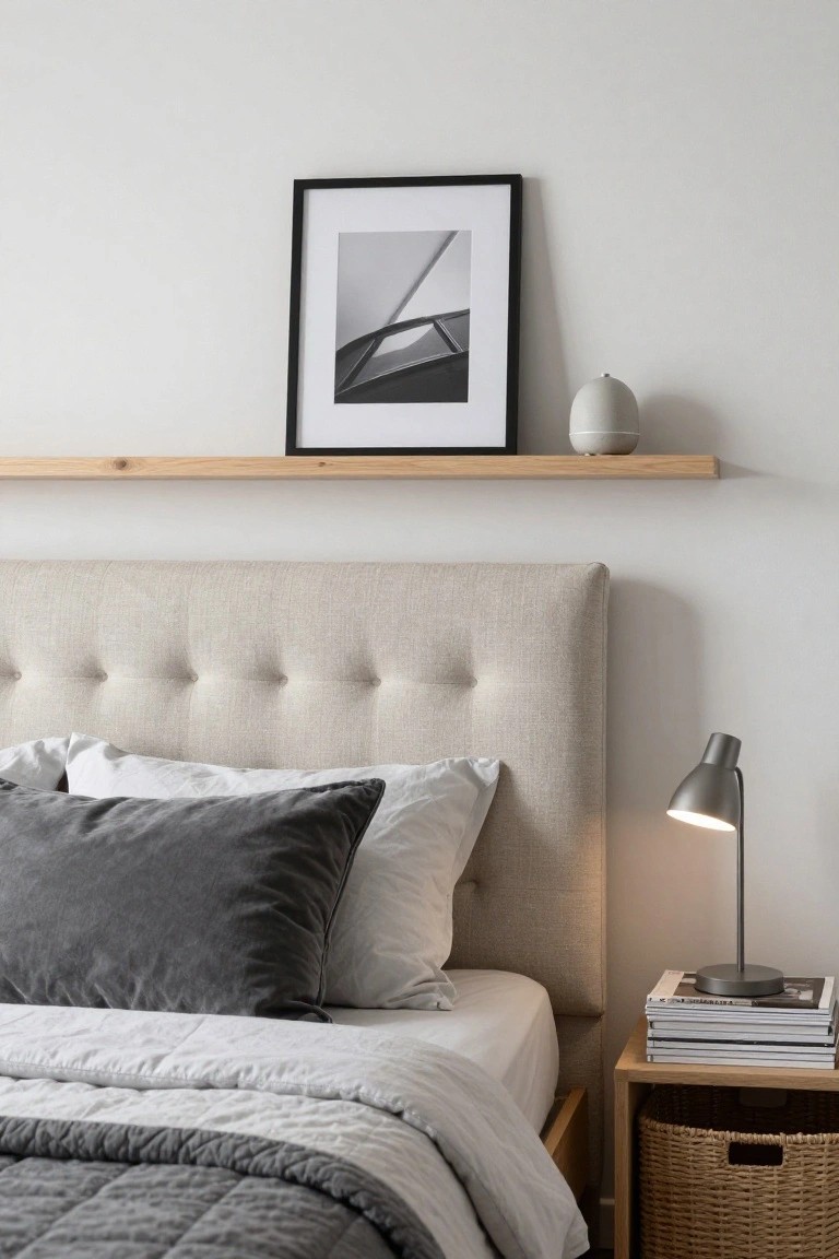 Bedroom with a beige tufted fabric upholstered headboard on a wooden platform bed frame, gray and white pillows and sheets, gray bedside lamp on wooden nightstand with stacked magazines, wooden shelf holding black-framed photo and white vase.