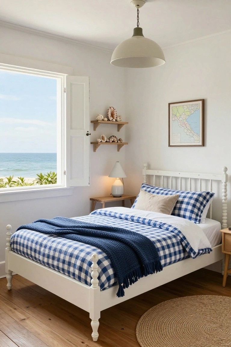 White wooden spindle bed frame with blue gingham duvet and pillows in a bright bedroom featuring an open window with ocean view, white walls, and wooden floors.