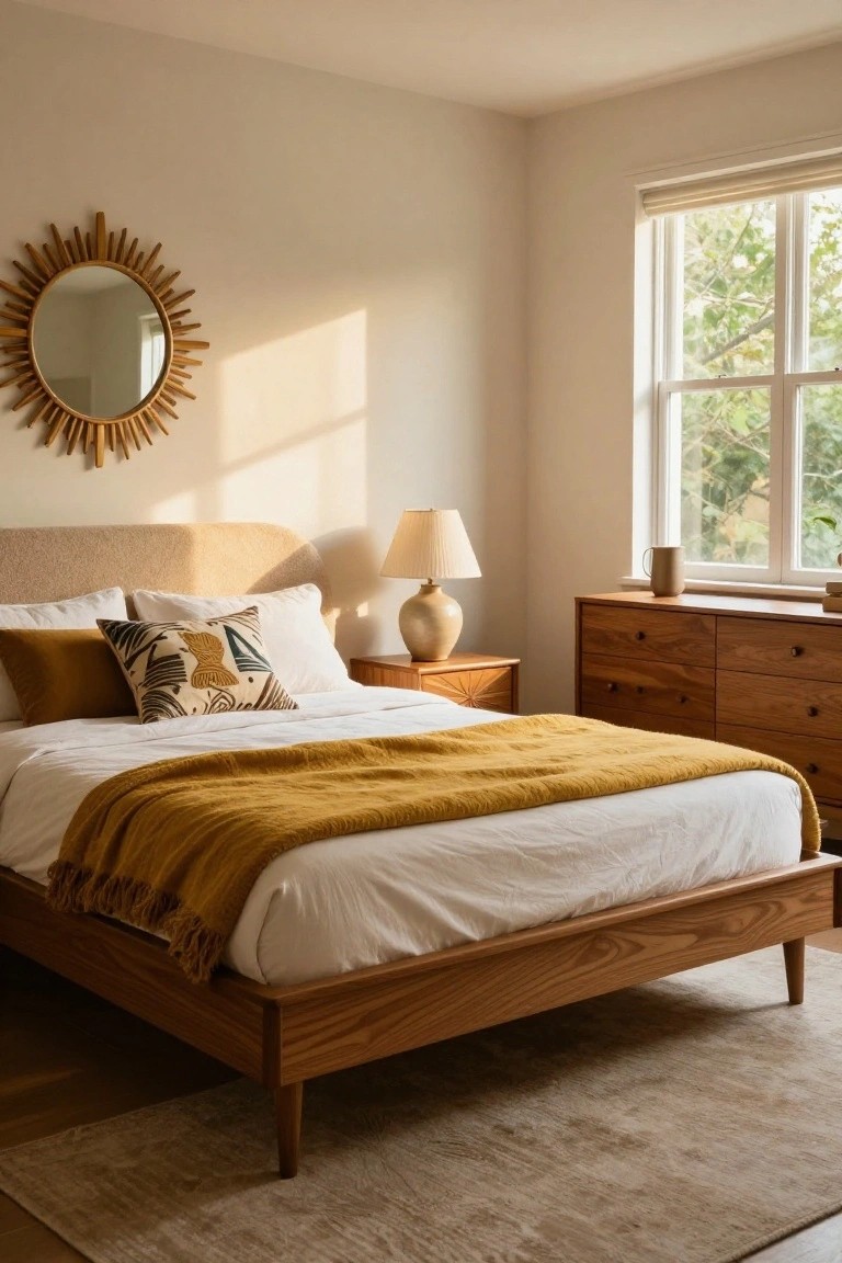 Bedroom with light wood bed frame on tapered legs, white bedding and yellow throw blanket, wooden nightstand with lamp, six-drawer dresser, sunburst mirror on beige wall, and window showing trees outside.