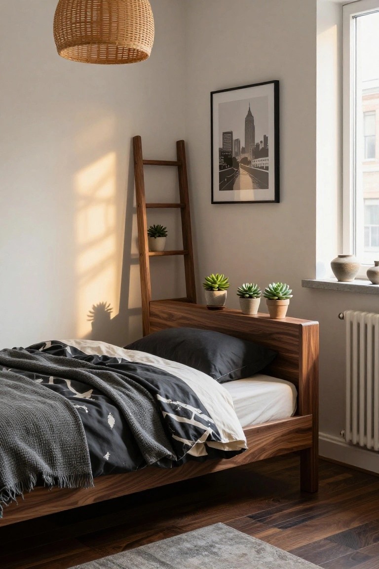 Bedroom corner with a low wooden platform bed featuring an integrated shelf headboard holding potted plants, a ladder shelf with a succulent nearby, rattan pendant light overhead, and a window with cityscape print.