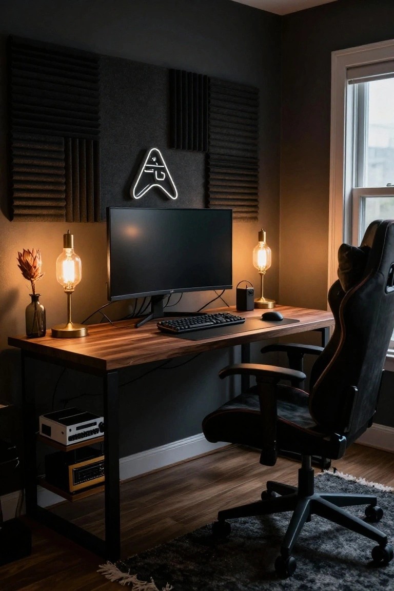 A wooden gaming desk against a dark wall covered with black acoustic panels, a monitor, keyboard, two lit lamps, and a black gaming chair on a rug.