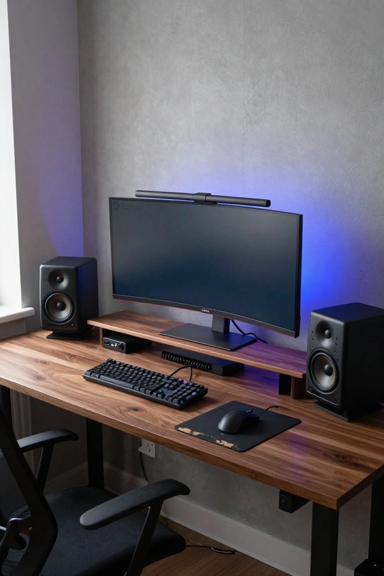 A wooden gaming desk with a raised monitor shelf holding a curved screen, black speakers on either side, and a keyboard with mouse on the desk surface.