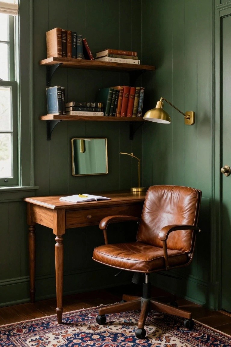 Wooden desk and brown leather chair in a green study nook.