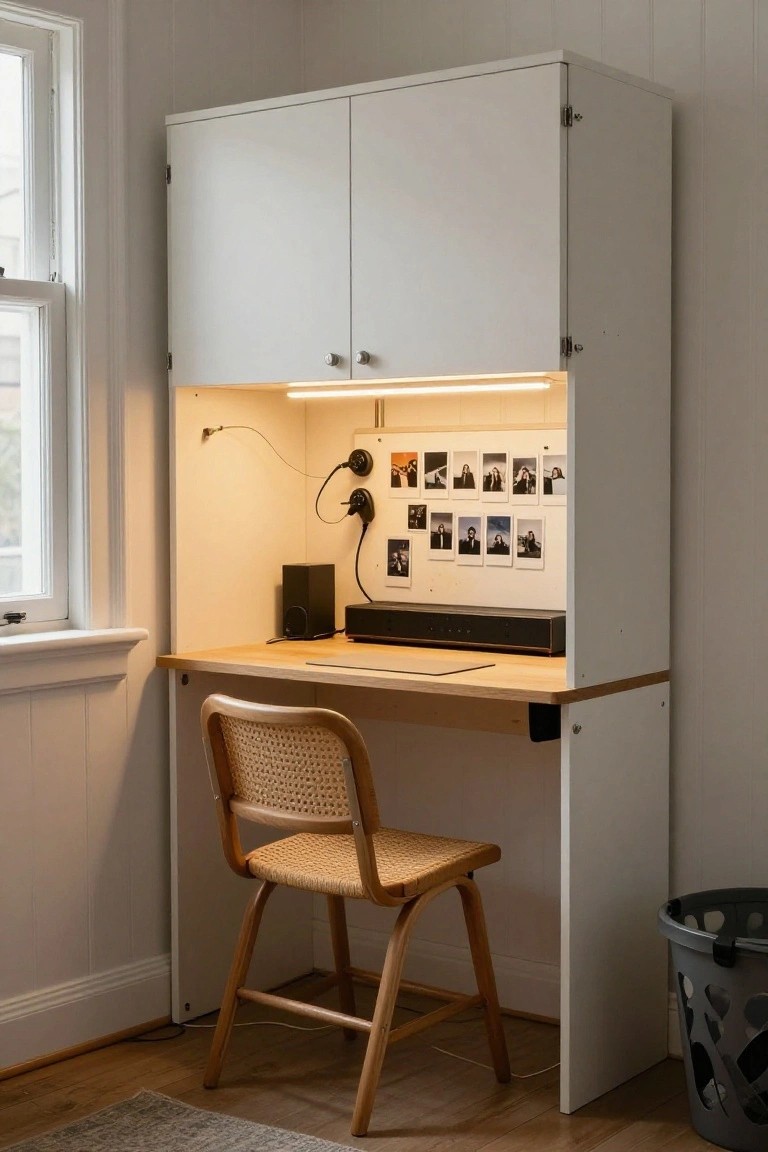 White hutch desk with lit nook, woven chair, and photo wall.