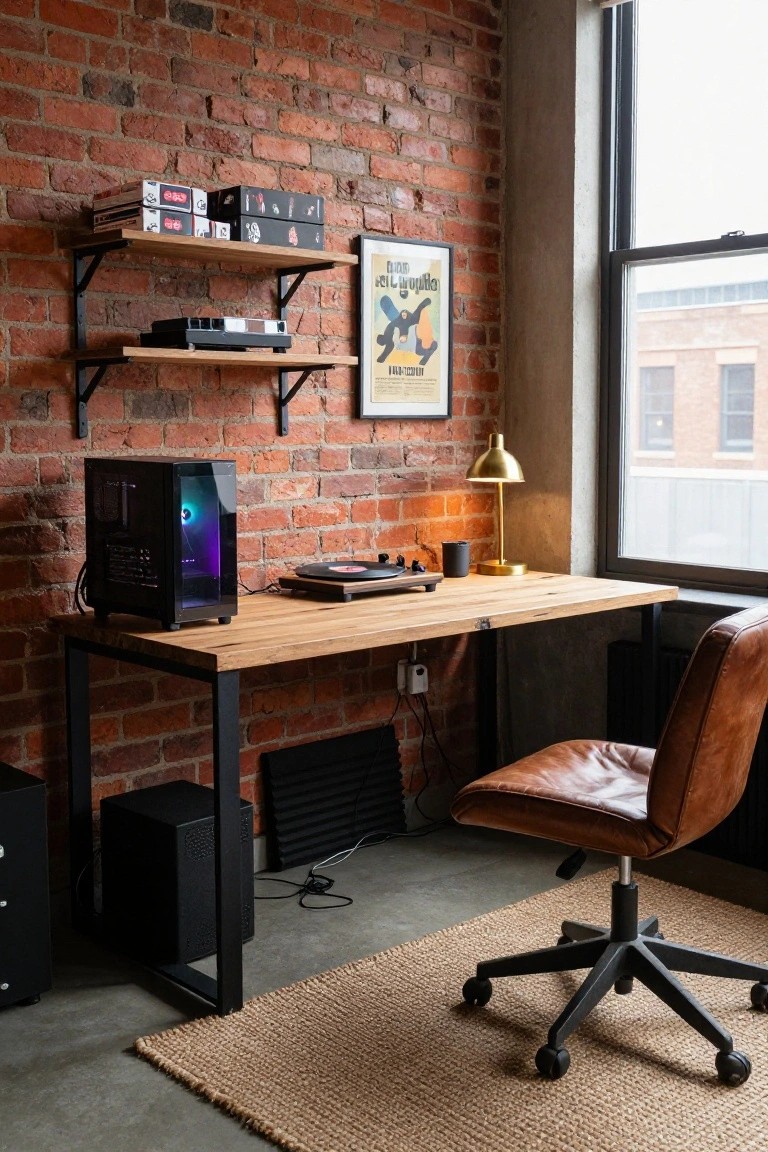 A wooden desk in a room corner against a red brick wall holds a gaming PC, turntable, and small lamp, with floating shelves above and a brown leather chair pulled up on a woven rug.