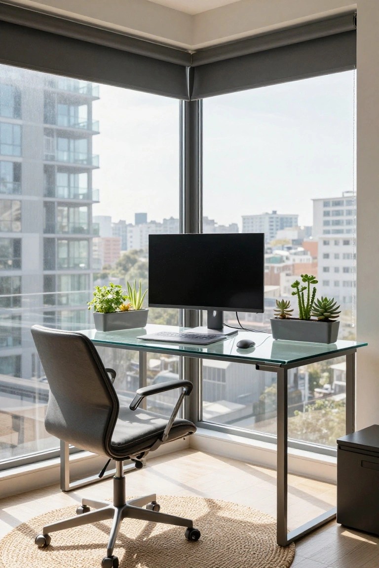Modern glass desk with computer, chair, and plants by sunny window.