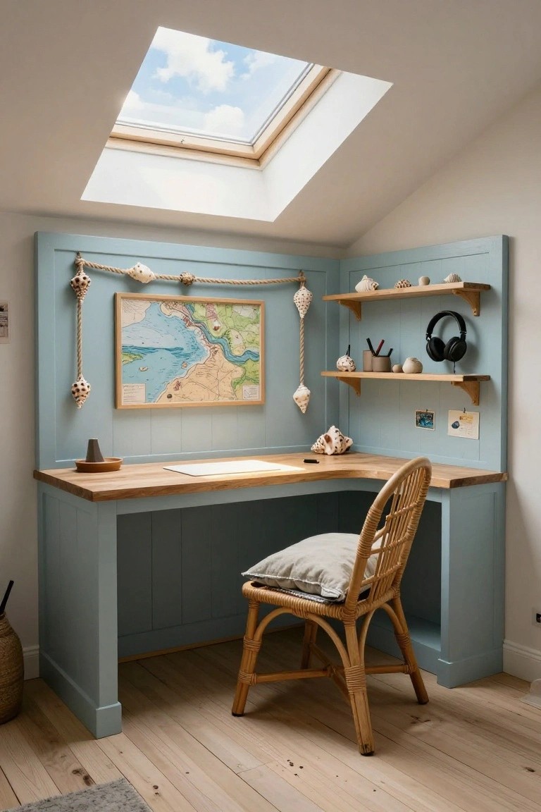 Coastal nook with a light blue desk, map, seashells, and rattan chair.