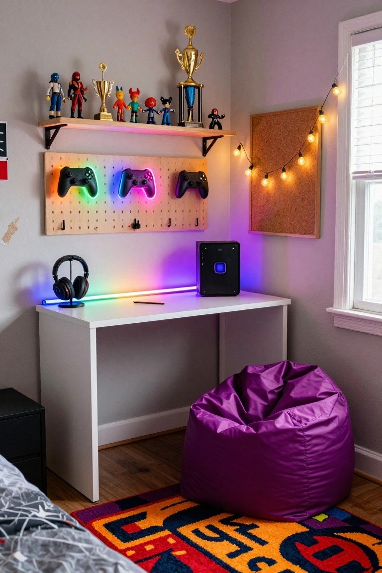 Gaming desk setup with LED lights, controllers, and purple beanbag chair.