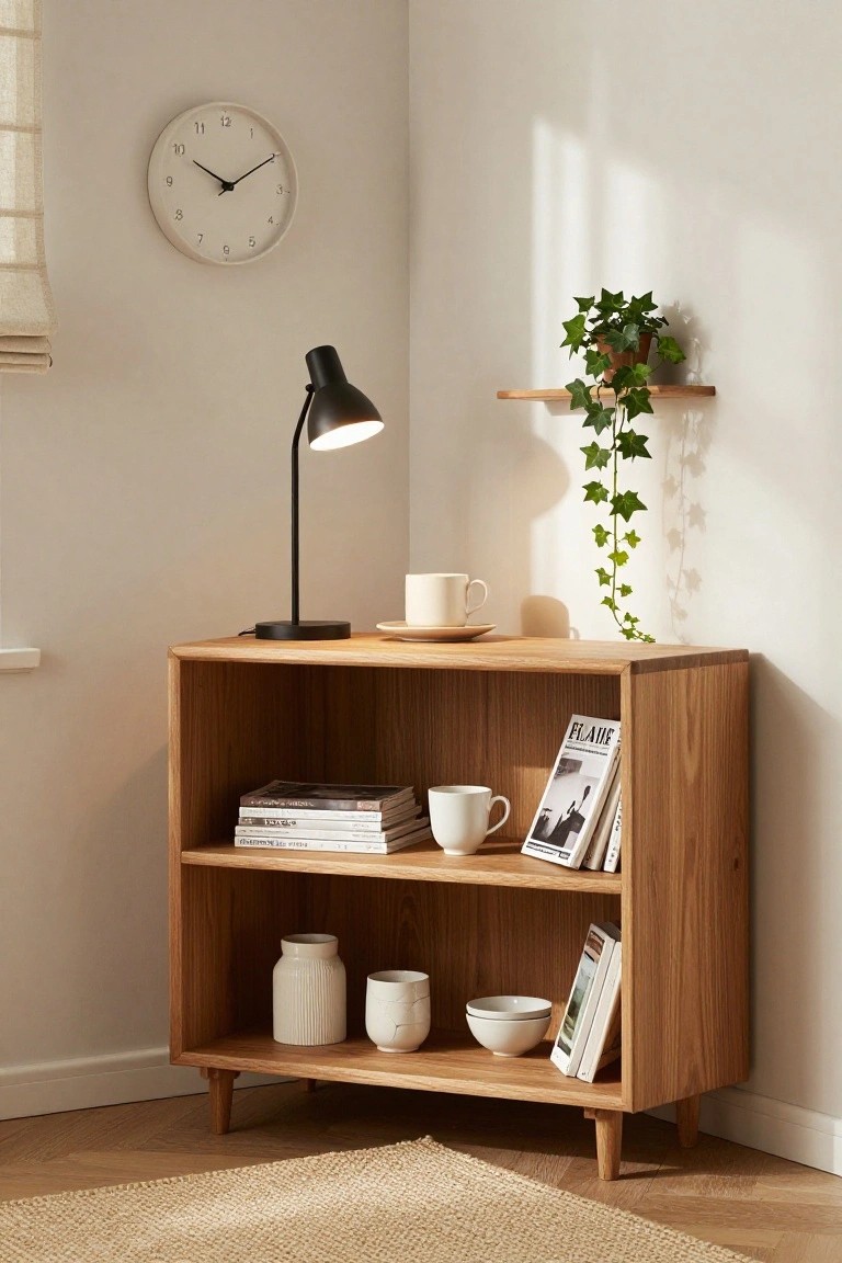 A wooden corner shelving unit with open shelves holding stacked books, white mugs, a vase, bowls, and magazines, topped with a black lamp in a neutral room.