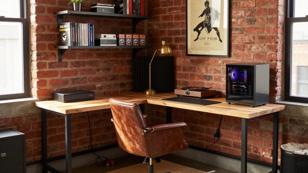 16 Bold Corner Gaming Desk Ideas That Elevate Your Setup A wooden desk in a room corner against a red brick wall holds a gaming PC, turntable, and small lamp, with floating shelves above and a brown leather chair pulled up on a woven rug.