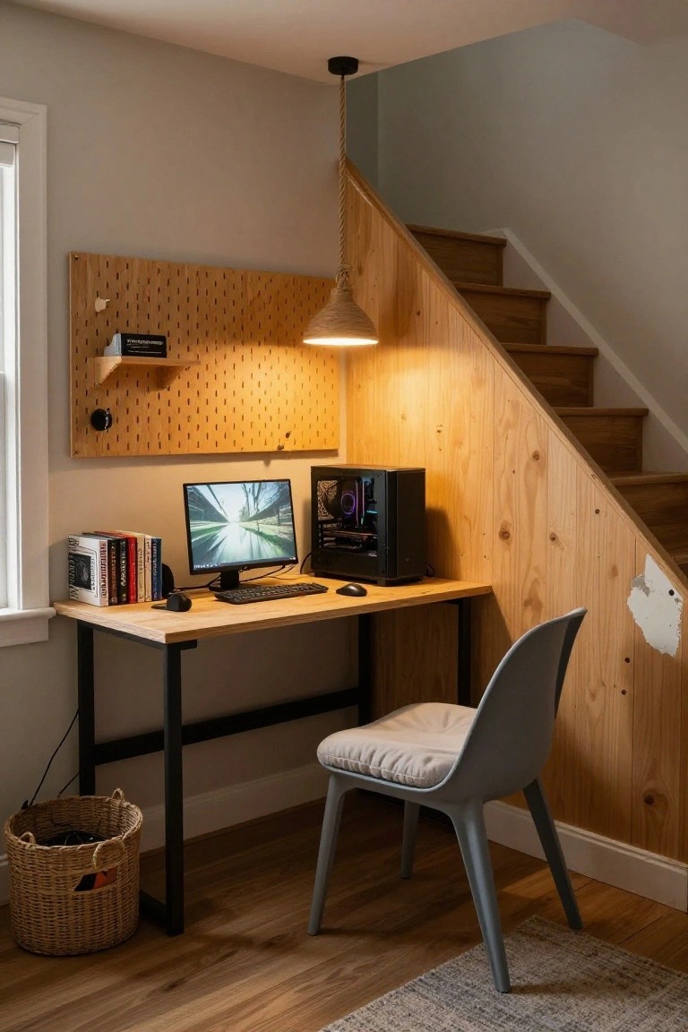 A compact gaming desk with monitor and PC tower placed under a wooden staircase, paired with a gray chair and wooden pegboard on the wall.