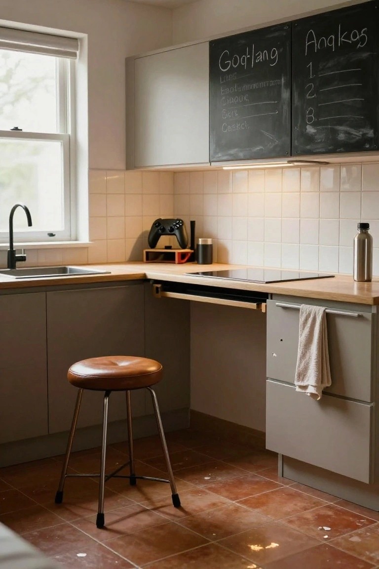 Modern kitchen with gray cabinets, blackboard menus, brown stool, and terracotta tiles.