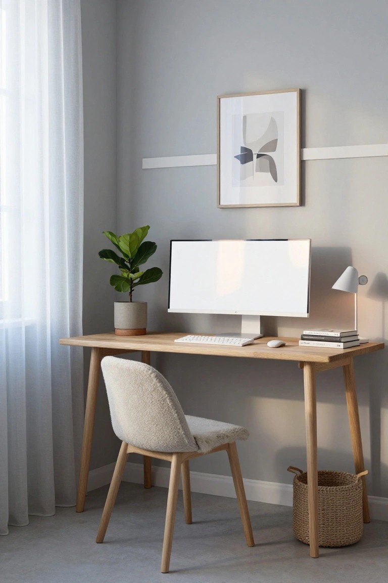 Minimalist wooden desk with monitor, chair, plant, and wall art.