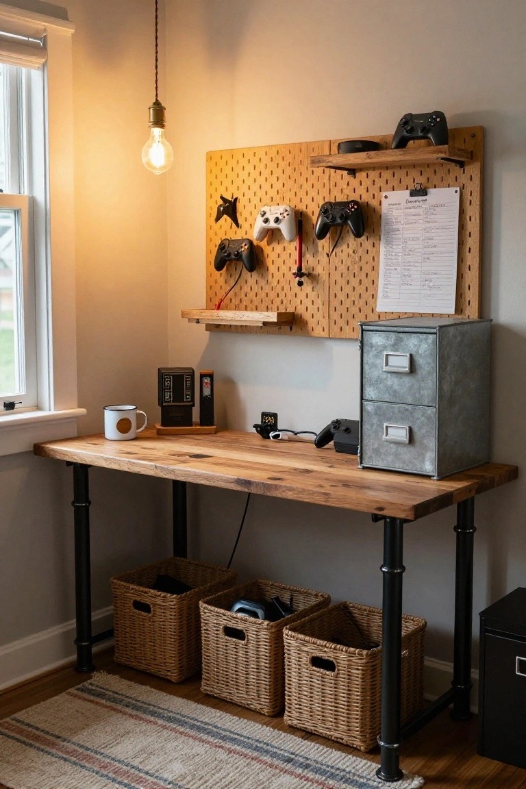 Wooden desk with pegboard, game controllers, baskets, and hanging light.