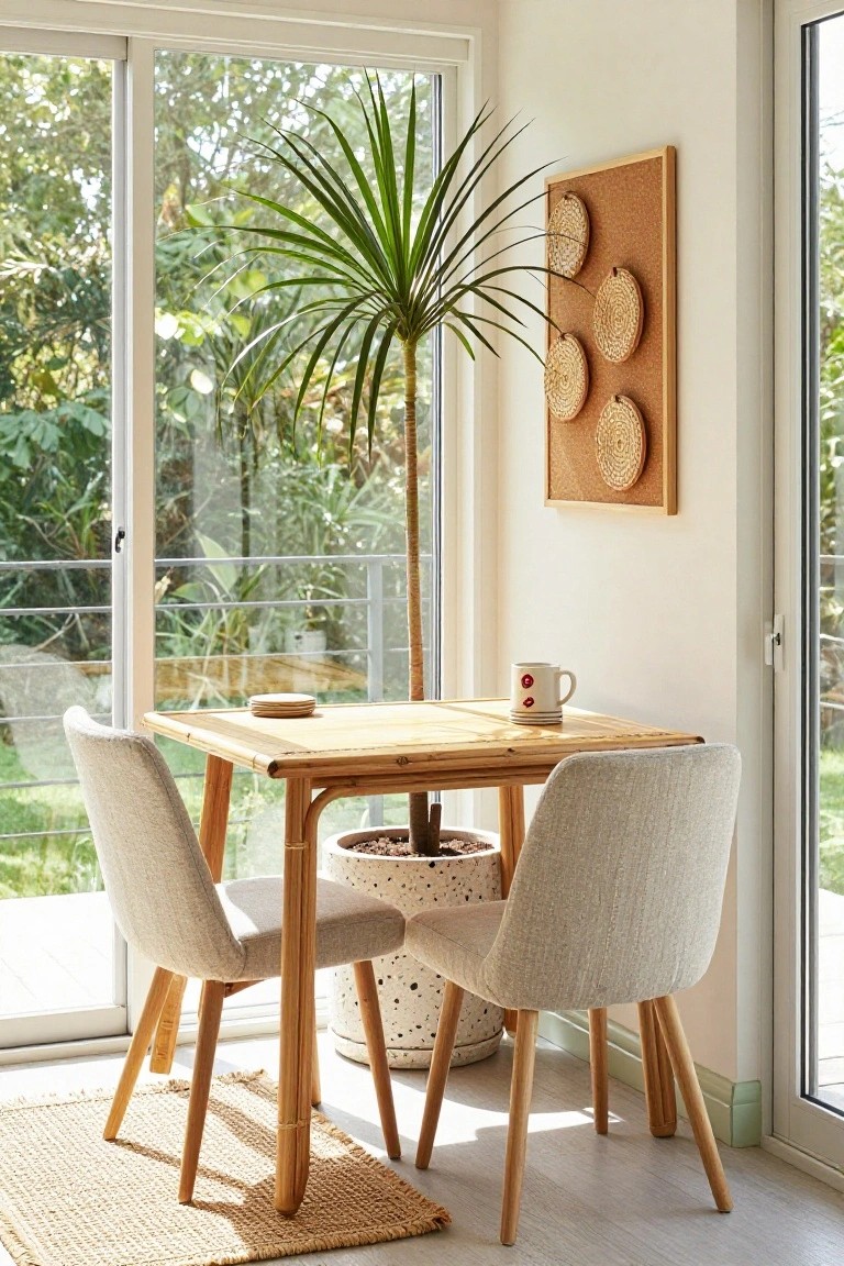 Bright dining nook with bamboo table, woven chairs, and tall potted plant.