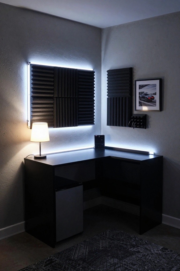 Modern black corner desk with glowing LED lights and acoustic foam panels.