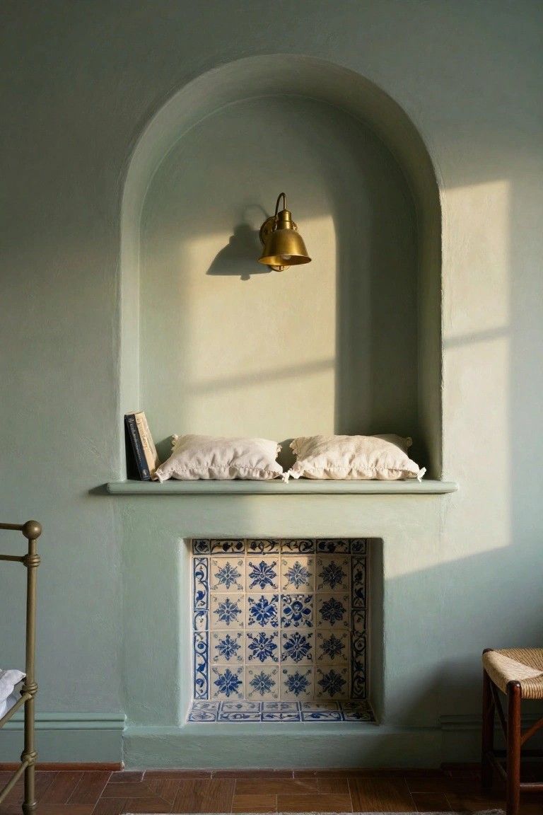Sage green plaster wall with arched niche shelf holding two white pillows and a book, brass wall lamp, blue and white snowflake-patterned tile fireplace below, brass bed frame to the left, and wicker chair on terracotta tile floor.